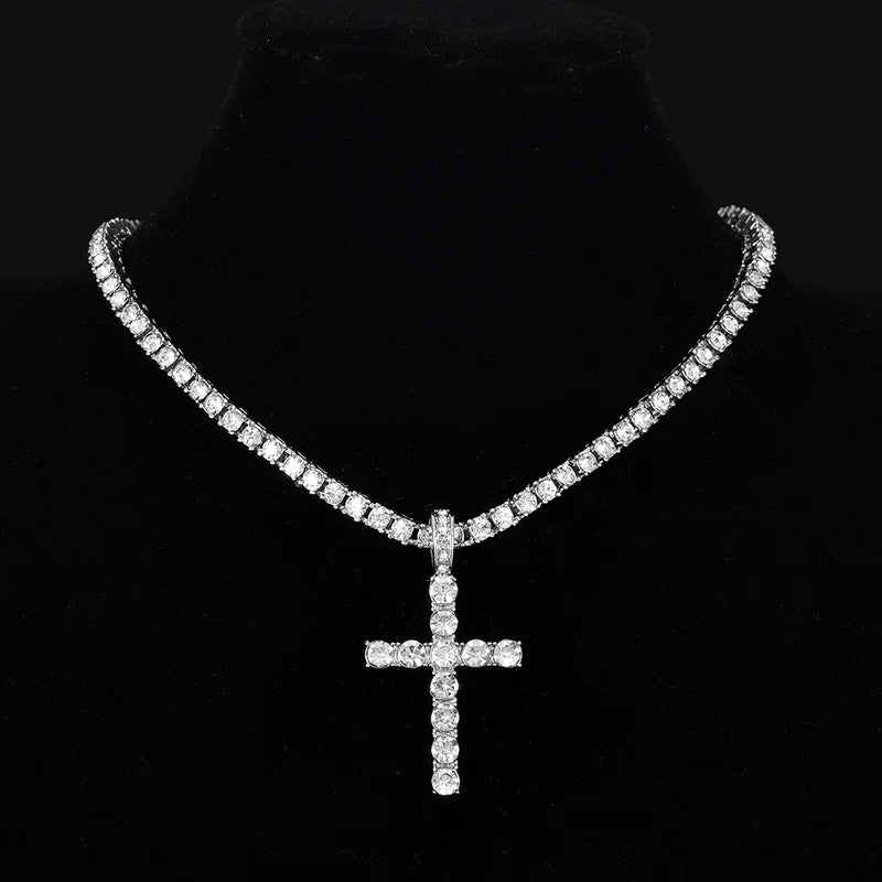 Men Women Hip Hop Cross Pendant Necklace with Zircon Tennis Chain - Trendy Bling Jewelry