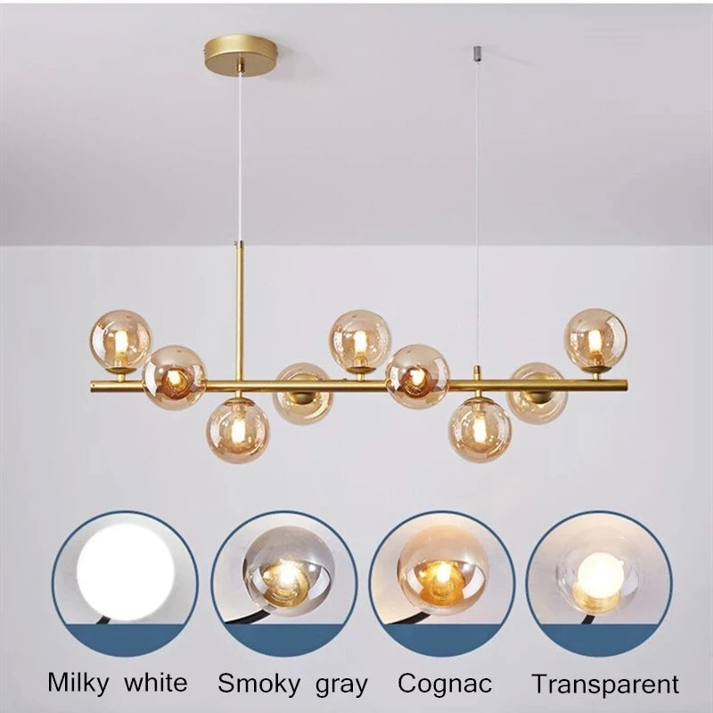 Nordic Modern LED Pendant Light Gold Glass Ball 11 Heads Hanging Lamp for Kitchen & Living Room