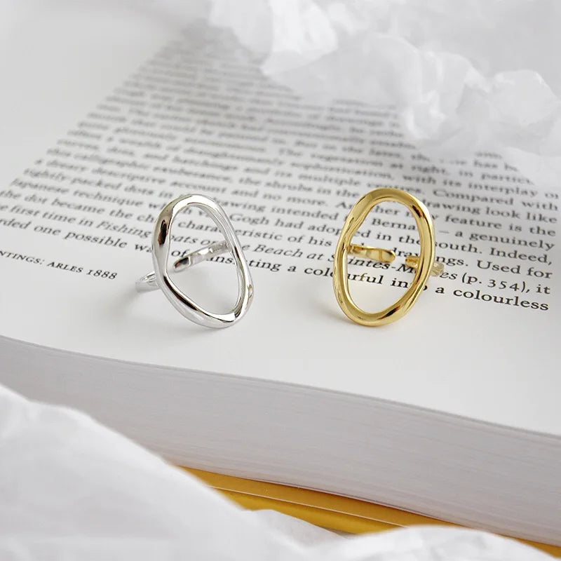 Adjustable Geometric Silver & Gold Hollow Oval Ring for Women