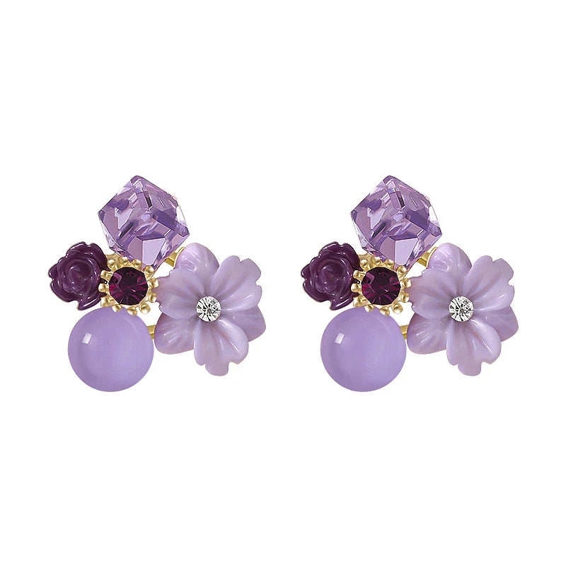 Purple Crystal Flower Stud Earrings for Women Jewelry Set Bridal Party Gift