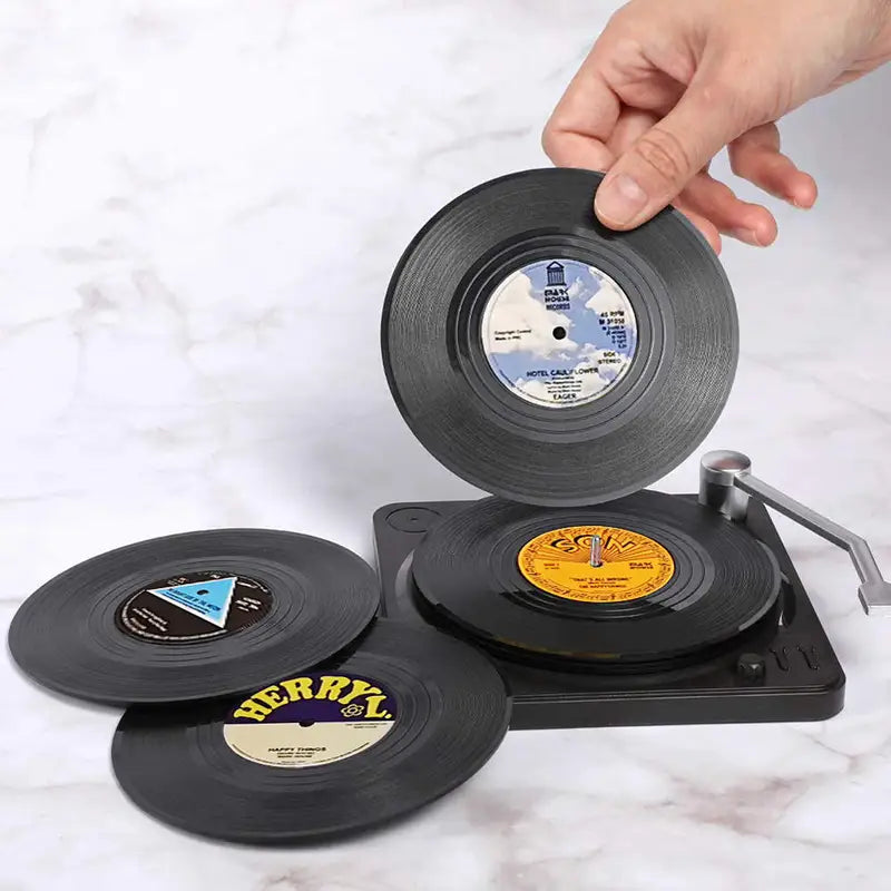 Set of 6 Vinyl Record Coasters with Holder - Retro Music Drink Pads