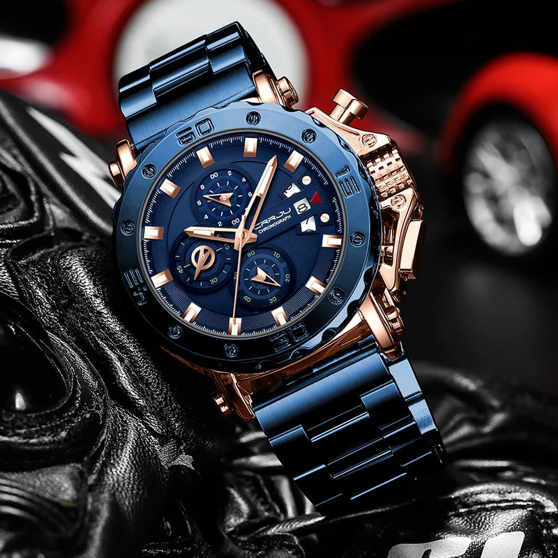 Men's Luxury Stainless Steel Waterproof Chronograph Watch with Big Dial and Date