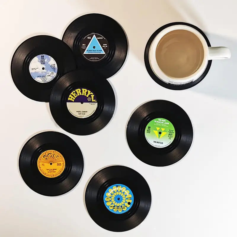 Set of 6 Vinyl Record Coasters with Holder - Retro Music Drink Pads