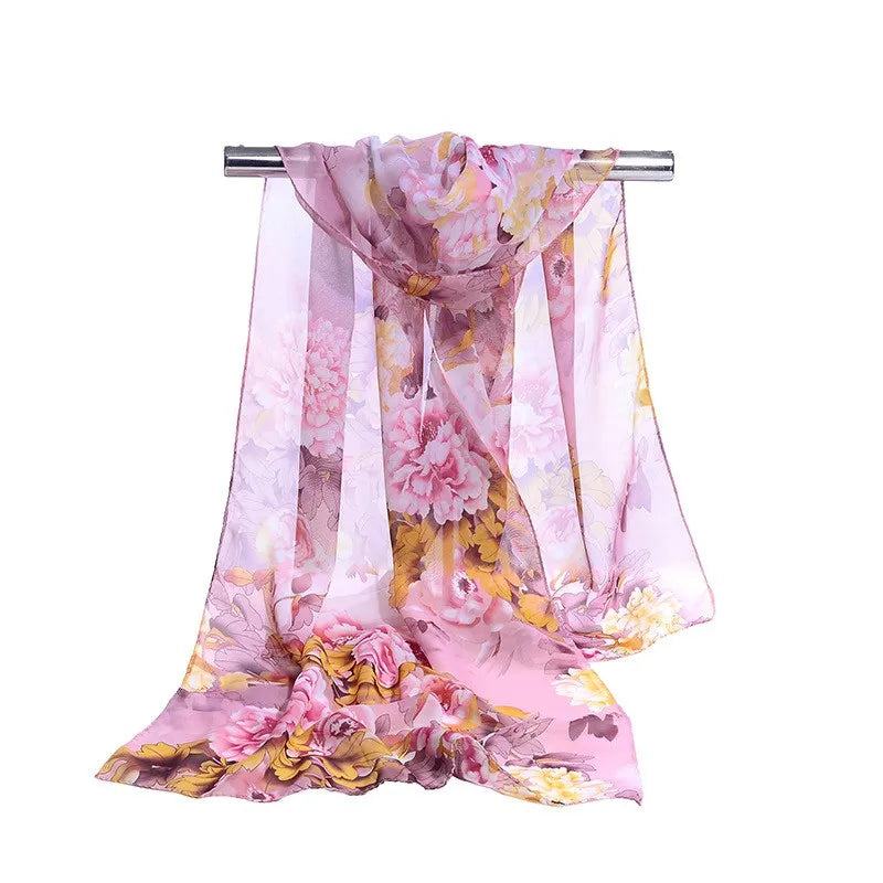 Fashion Print Chiffon Scarf with Floral and Striped Designs - Multiple Colors
