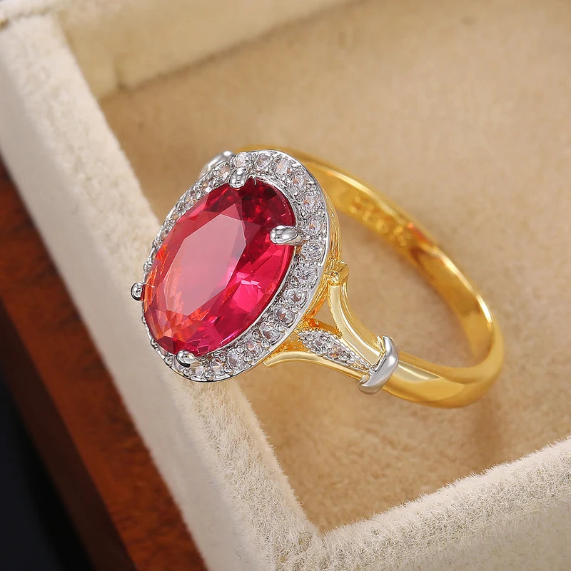 Oval Rose Red Cubic Zirconia Women’s Statement Ring - Luxury Jewelry Gift