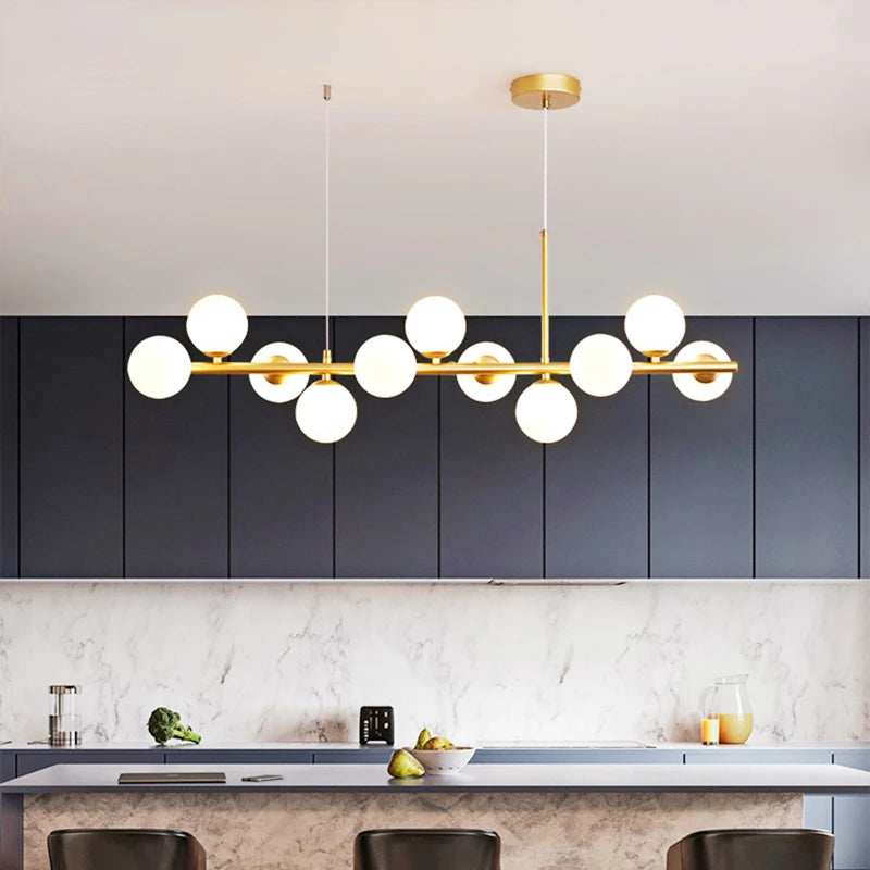 Nordic Modern LED Pendant Light Gold Glass Ball 11 Heads Hanging Lamp for Kitchen & Living Room