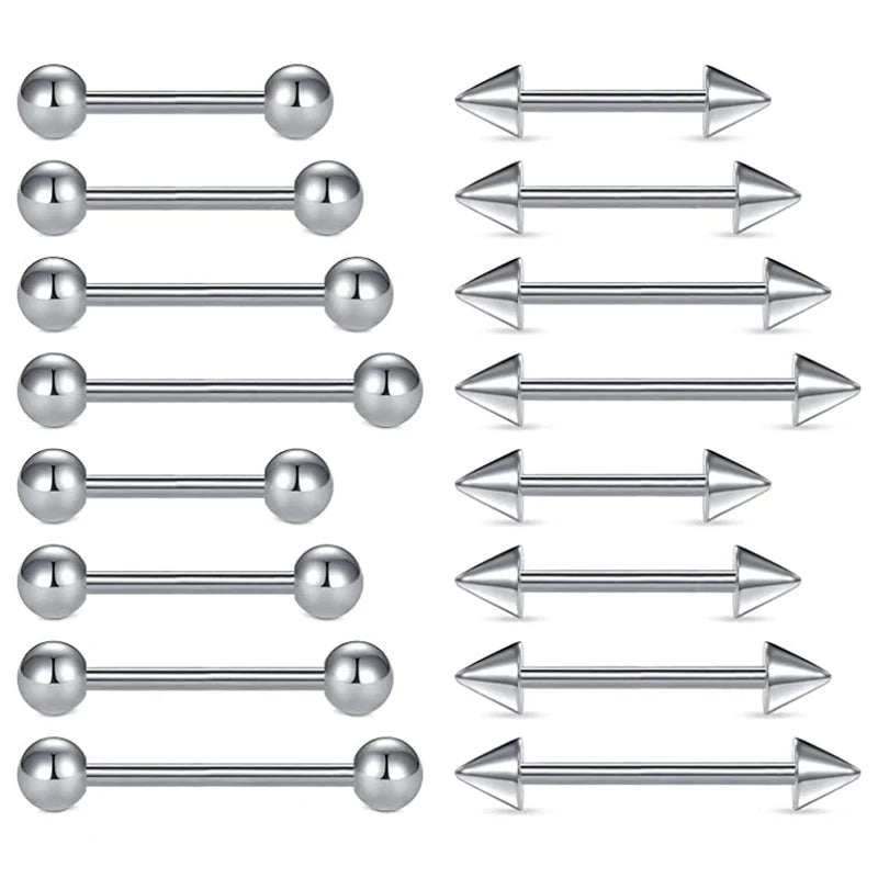 16pcs Stainless Steel Nipple & Tongue Piercing Rings - 14G, Straight Barbell, Multiple Lengths
