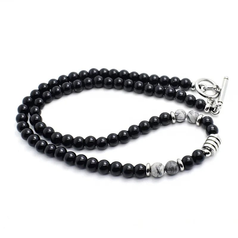 Mens Stone Necklace Hip Hop Punk Stainless Steel Natural Tiger Eye Beads Jewelry