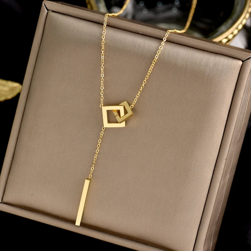 Luxury Titanium Steel Heart Love Square Necklace Pendant Chain for Women