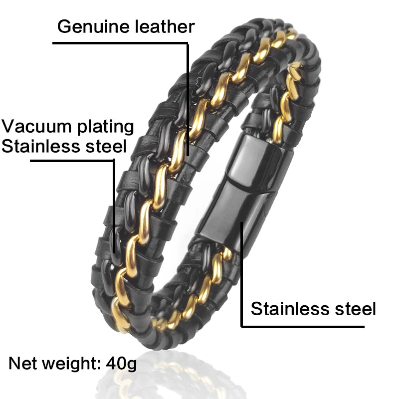 Leather Chain Bracelet for Men with Magnetic Steel Clasp - Gold Plated Jewelry