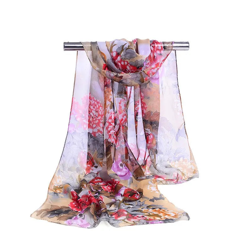 Fashion Print Chiffon Scarf with Floral and Striped Designs - Multiple Colors