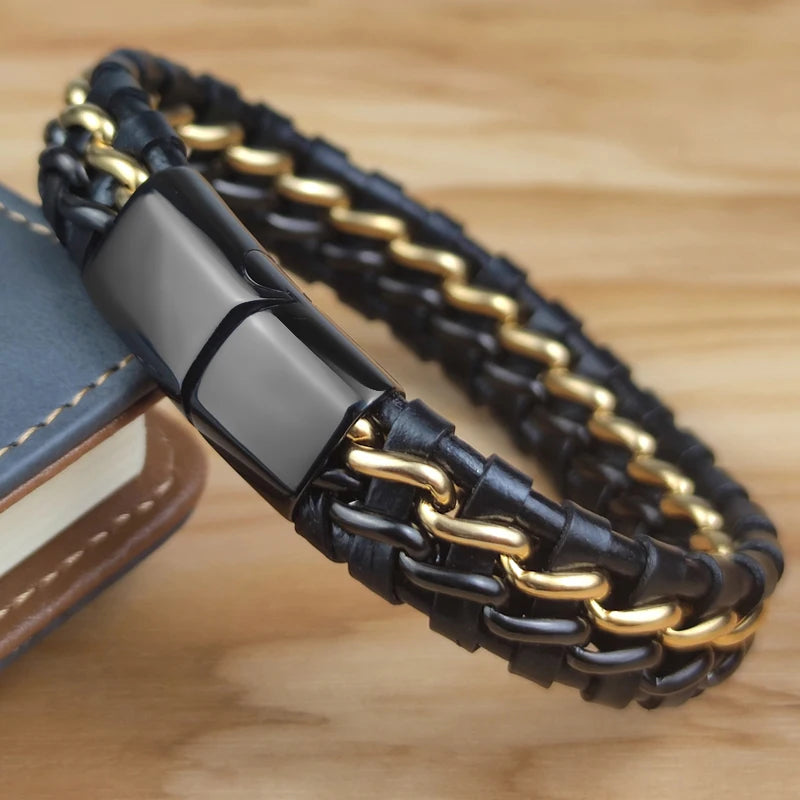 Leather Chain Bracelet for Men with Magnetic Steel Clasp - Gold Plated Jewelry
