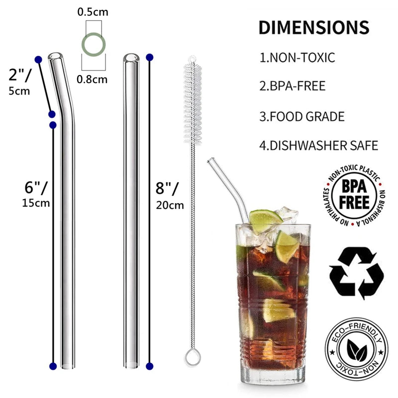 Reusable Glass Drinking Straws - Eco-Friendly, Heat-Resistant, 8mm Diameter