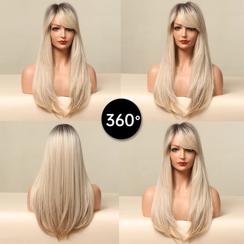 Ombre Brown Blonde Long Straight Synthetic Wig with Bangs for Women - High Temperature Fiber Cosplay Hair