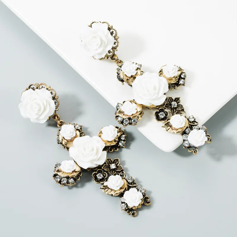 Vintage Gold Cross Earrings for Women Girls Enamel Rose Flower Statement Jewelry