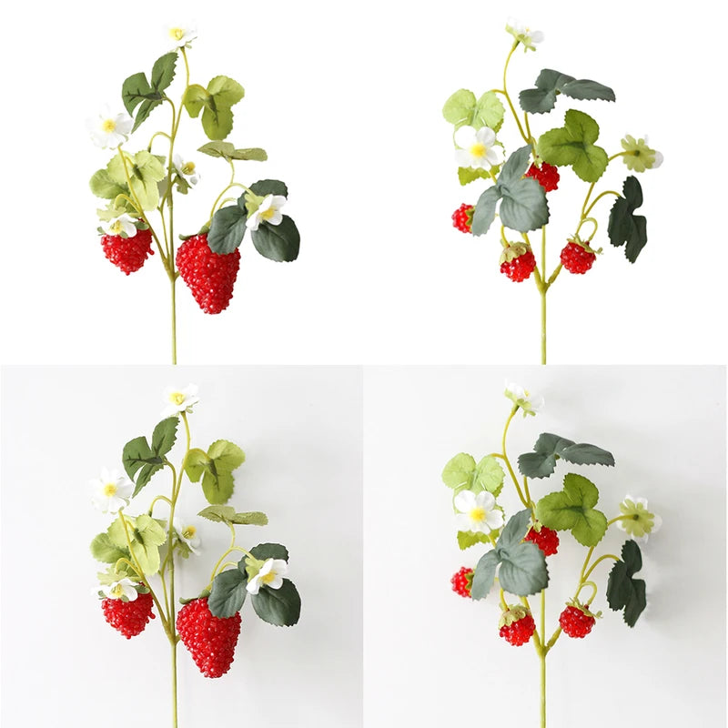 Artificial Strawberry Fruit Plant Bouquet - Realistic Decorative Flowers for Home & Wedding