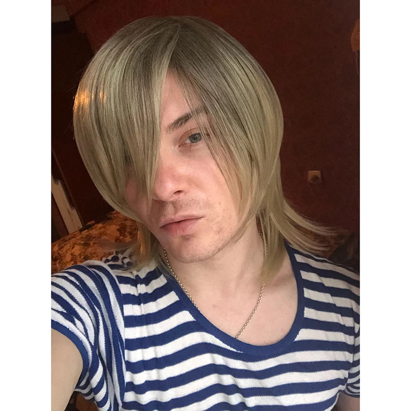 Men's Synthetic Hair Wig - Medium Length Straight Cosplay Wig, Heat-Resistant Fiber