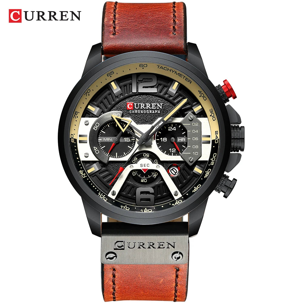 Men's Sports Chronograph Watch Leather Strap Military Style Casual Watch