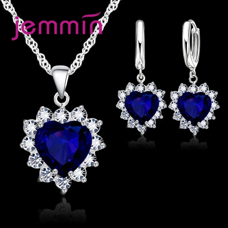 Sterling Silver Heart Pendant Jewelry Set with Hoop Earrings for Women Girls - Wedding Engagement Gift