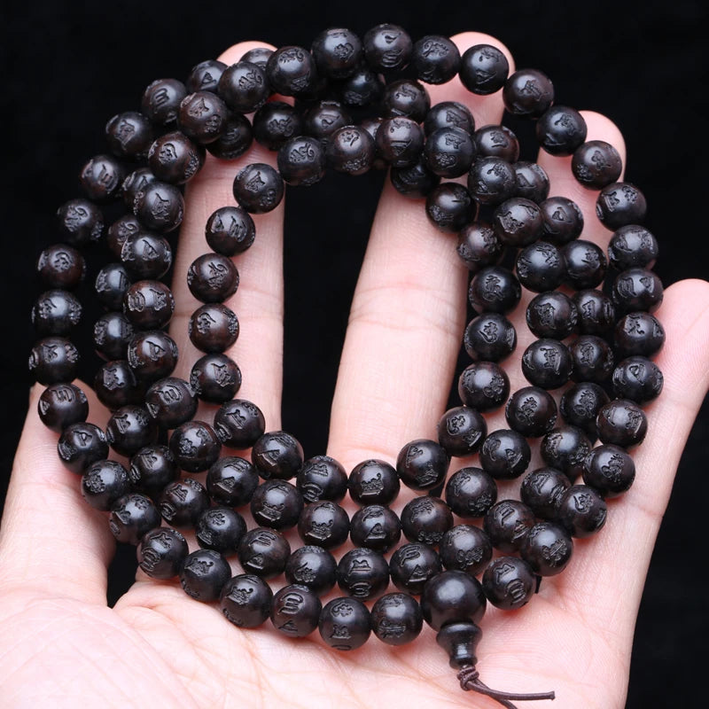 Natural Ebony Prayer Wheel Necklace with 108 Beads and Six-Character Mantra - Tibetan Buddhist Jewelry