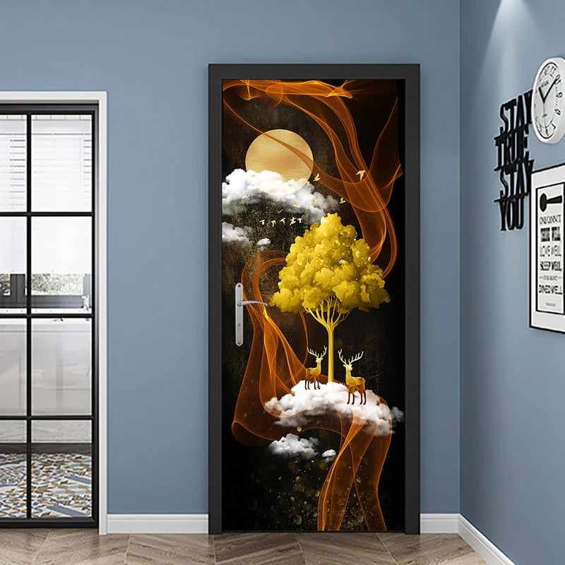 Creative Fantasy Elk DIY Door Wall Sticker Set for Home Decoration, 3D Mural Peel & Stick Vinyl Wallpaper