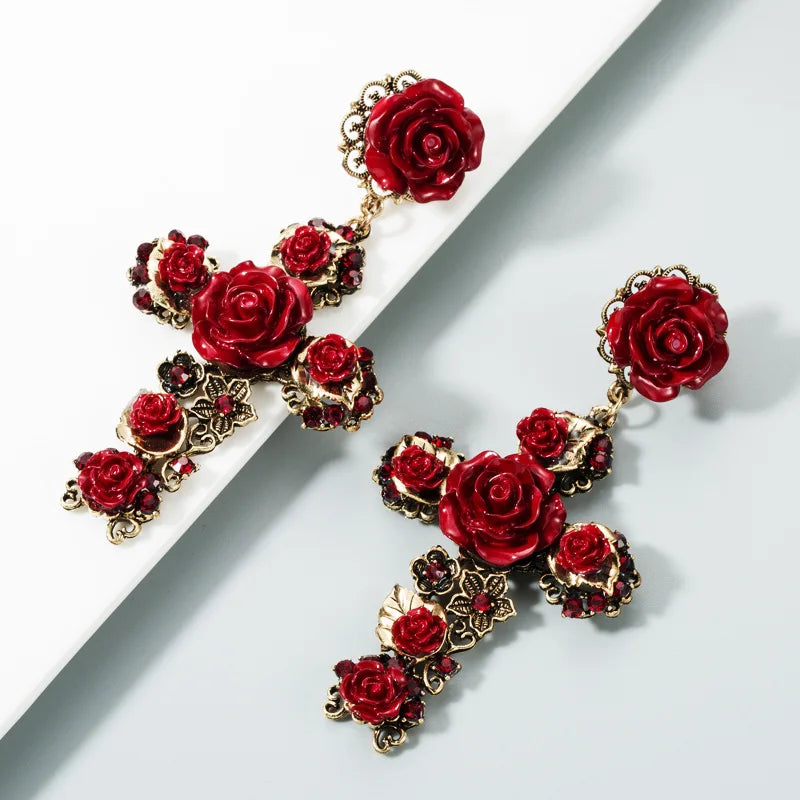 Vintage Gold Cross Earrings for Women Girls Enamel Rose Flower Statement Jewelry