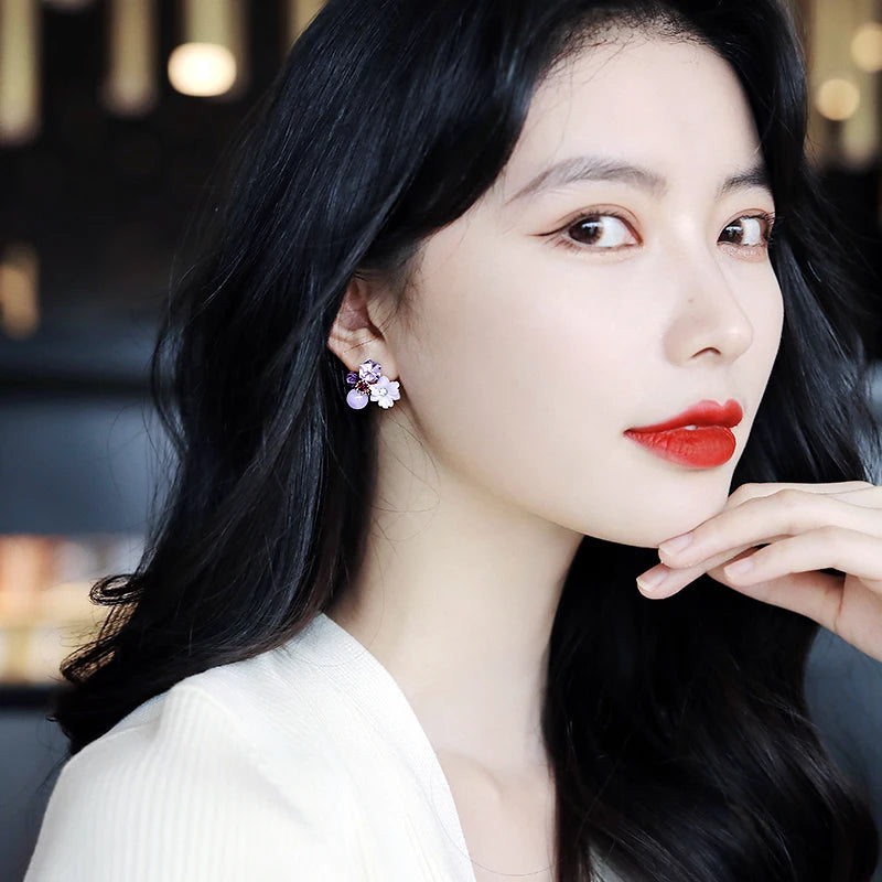 Purple Crystal Flower Stud Earrings for Women Jewelry Set Bridal Party Gift