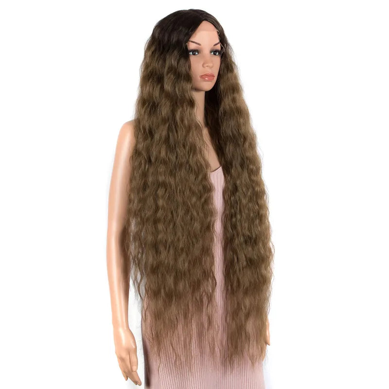Long Curly Water Wave Wig for Women - Ombré Brown, 42 Inch Heat-Resistant Synthetic Hair, Lace Front Cosplay Wig