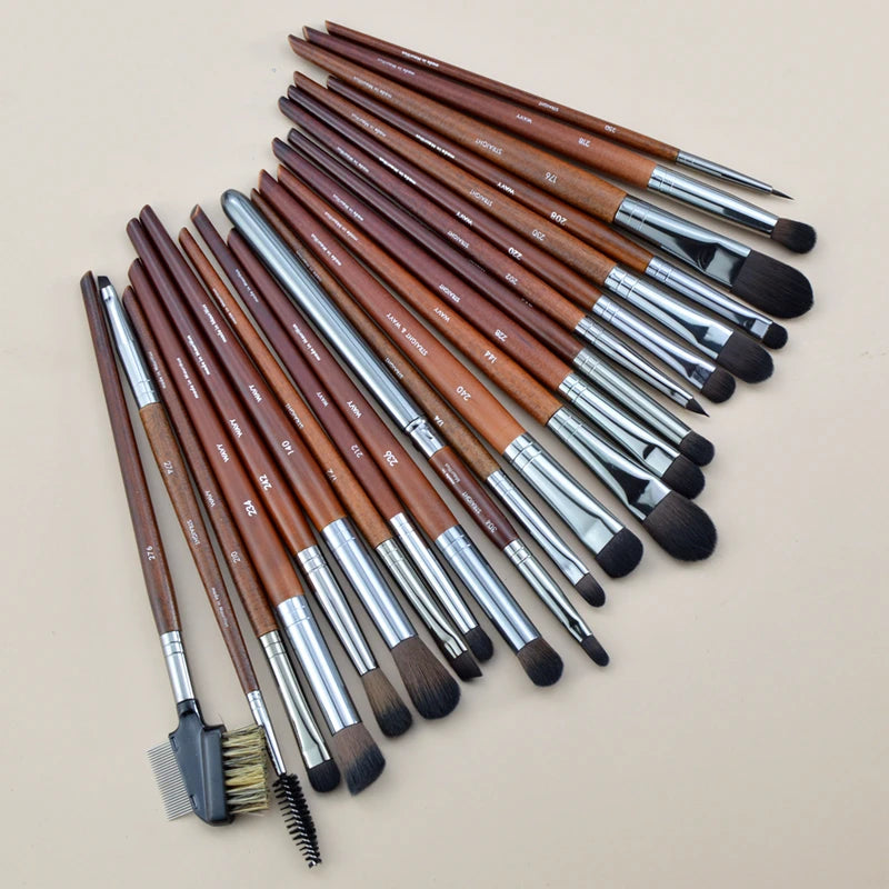 Natural Wood Makeup Brush Set with Multiple Handles - Eye, Lip, Face Tools