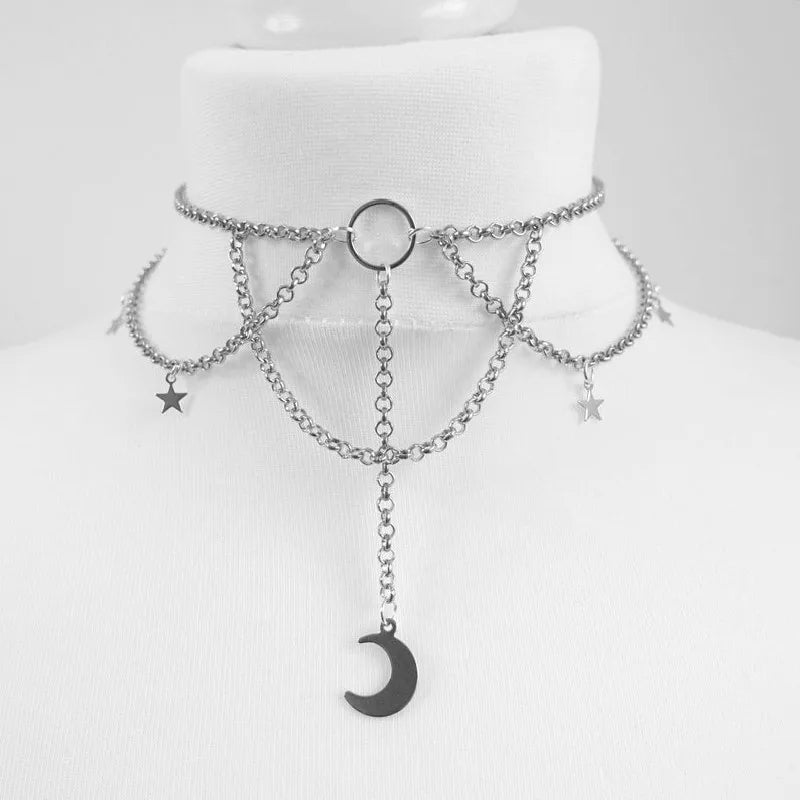 Gothic Crescent Moon Choker Necklace - Black Velvet Statement Jewelry for Women