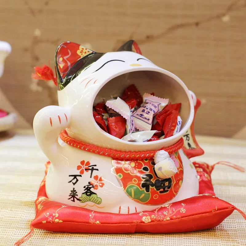Ceramic Lucky Cat Storage Jar - Japanese Style Candy Container, Home Decor