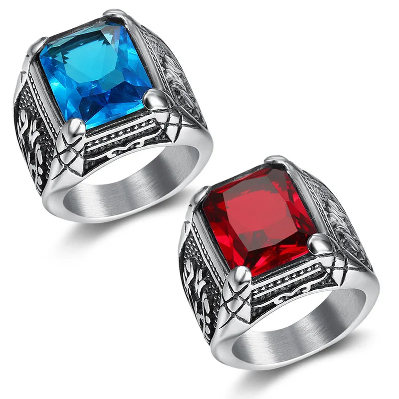 Men's Silver Signet Ring with Semi-Precious Stones - Stainless Steel Jewelry