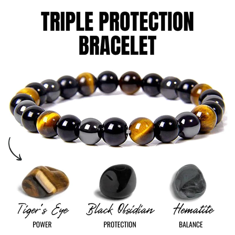 Natural Obsidian Hematite Tiger Eye Beads Bracelet for Magnetic Health & Protection - Men & Women