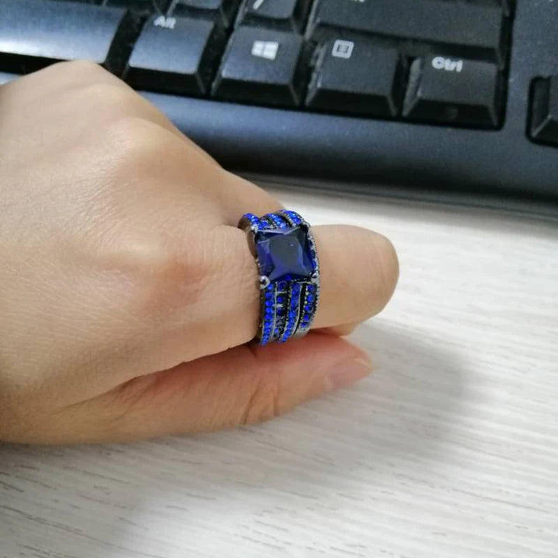 Couple Rings Set Men Women Stainless Steel Wedding Band with Blue Zircon