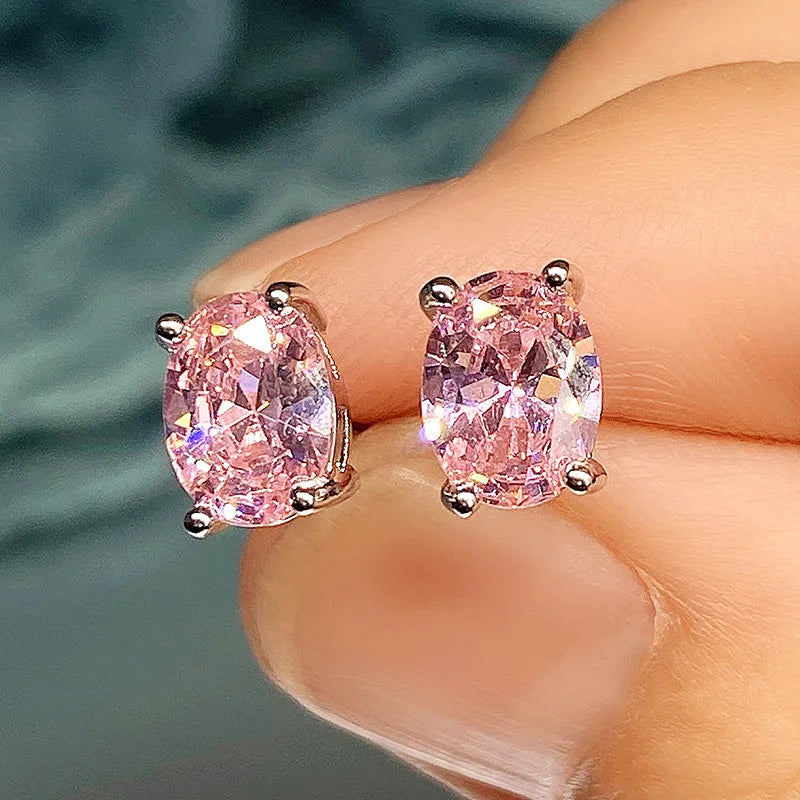 Simple Stud Earrings with Oval Cubic Zirconia for Ladies & Teens - Multiple Colors