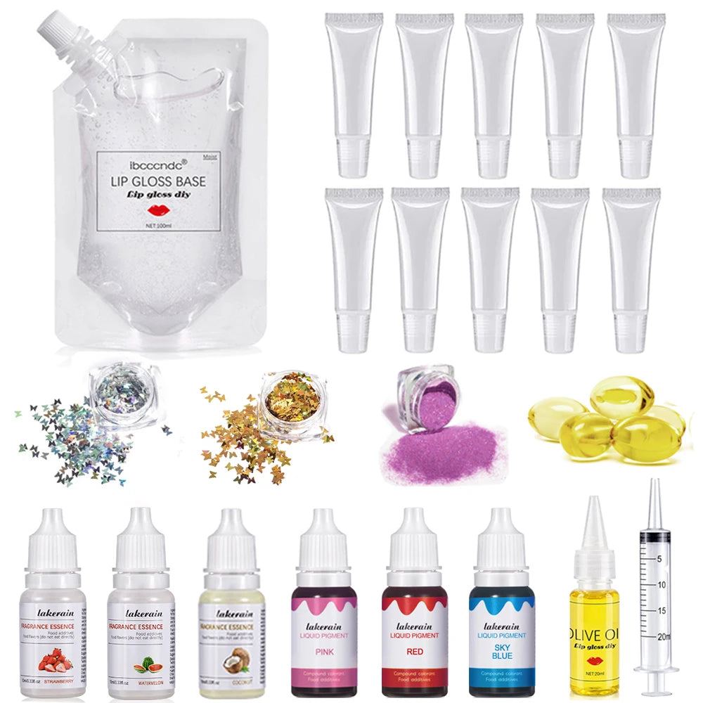 DIY Lip Gloss Kit Moisturizing Clear Gel with Pigment Glitter Oils 100ml