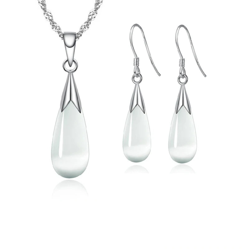Sterling Silver Water Drop Opal Necklace & Earrings Jewelry Set - Wedding & Party