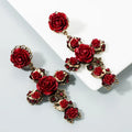Vintage Gold Cross Earrings for Women Girls Enamel Rose Flower Statement Jewelry