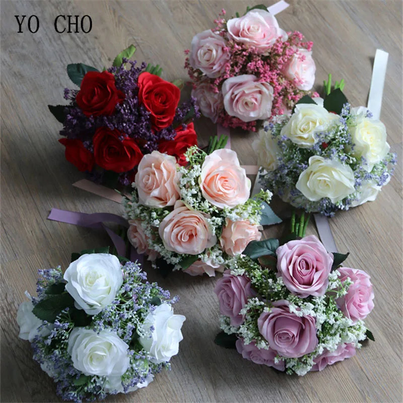 Artificial Silk Flower Bouquet with Roses and Babysbreath for Wedding and Home Decor