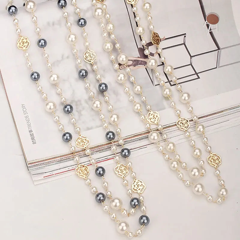Long Pearl Necklace for Women Double Layer Camellia Flower Chain Jewelry