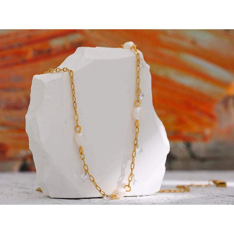 Women’s Stainless Steel Chain Necklace with Pearls and Cubic Zirconia