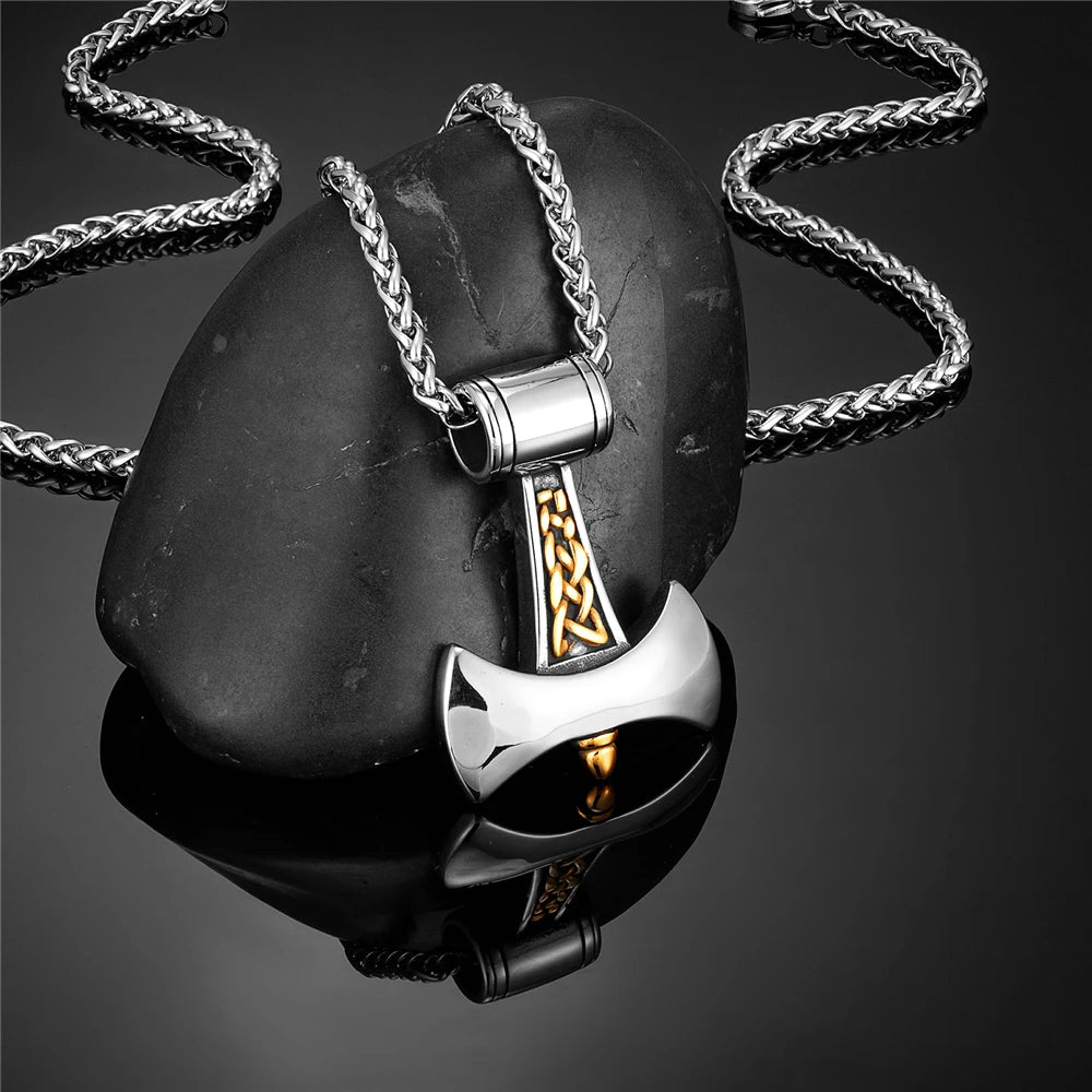 Vikings Axe Pendant Necklace Men Stainless Steel Norse Rune Amulet Jewelry