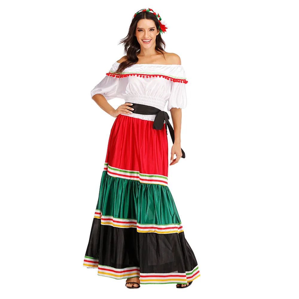 Women Mexican Off Shoulder Costume Dress for Halloween Carnival and Party