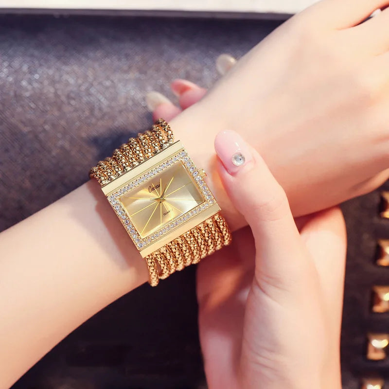 Fashion Women's Square Bracelet Wrist Watch with Diamond-Accented Quartz Movement