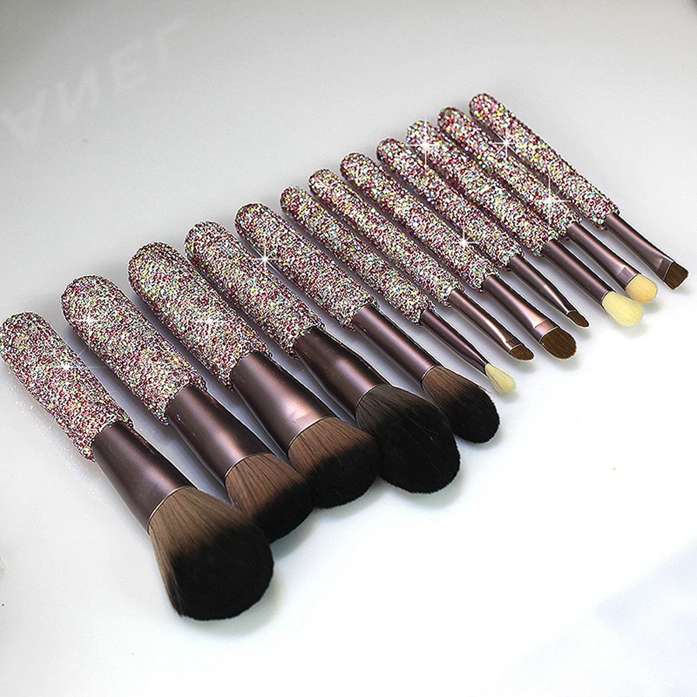 12 Piece Makeup Brush Set with Rhinestones - Face, Eye, Foundation, Blending Tools