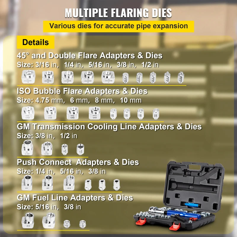 Hydraulic Flaring Tool Kit for Copper Pipes 3/16in to 1/2in with Double Flares