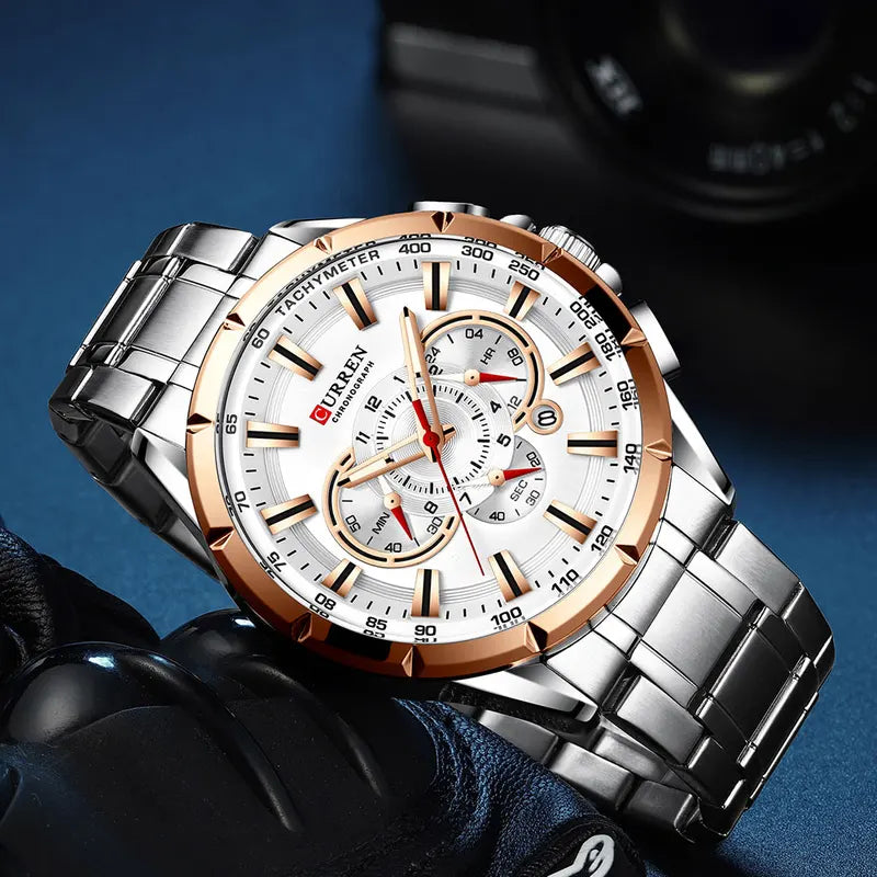 Men's Casual Sport Chronograph Watch with Stainless Steel Band and Big Dial