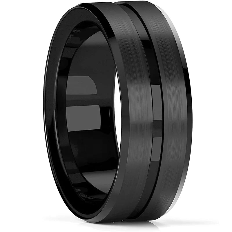 Men's Black Titanium Wedding Band Ring 8mm Double Groove Beveled Edge Stainless Steel