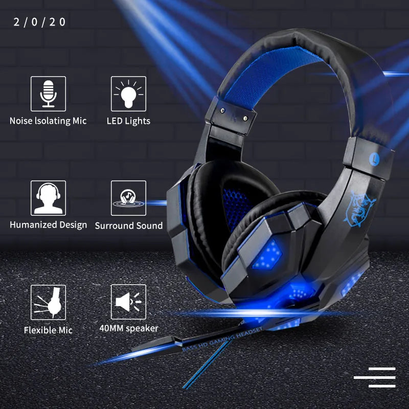 Professional Wired Gaming Headset with Microphone, LED Light, Over-Ear Stereo for PC, PS4, Xbox, and More