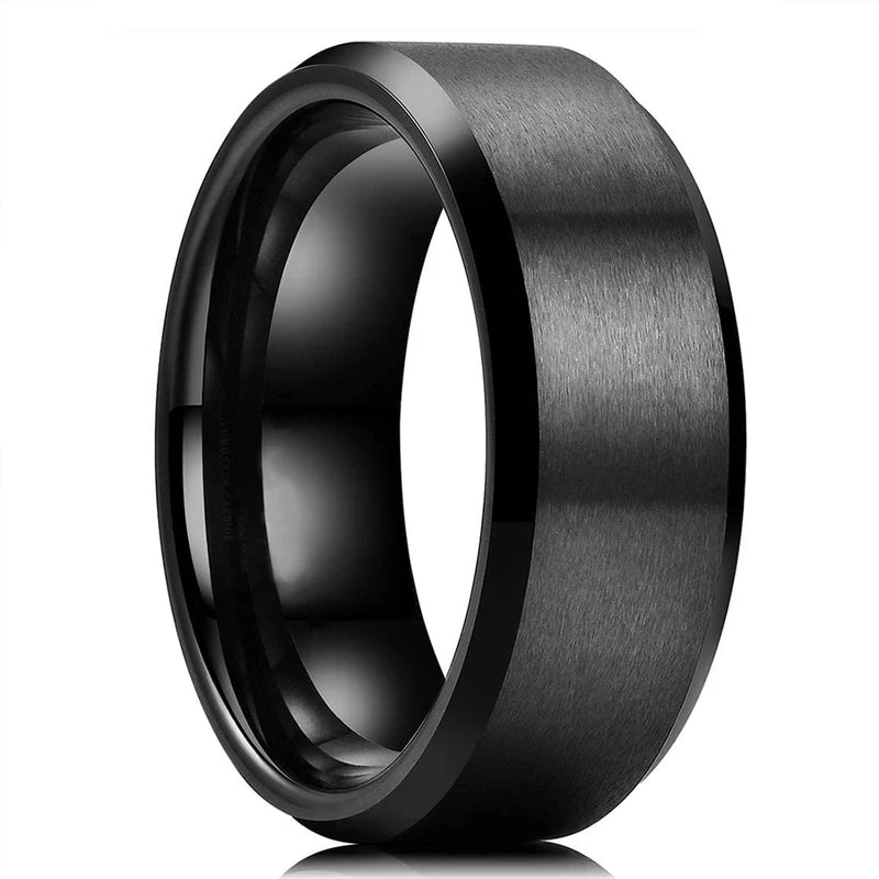 Men's Black Titanium Wedding Band Ring 8mm Double Groove Beveled Edge Stainless Steel
